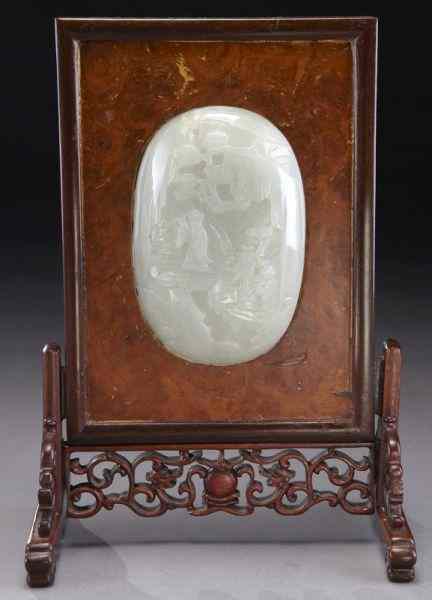 Appraisal: Chinese Qing jade mounted table screen the jade plaque depicting