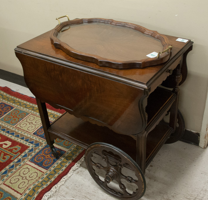 Appraisal: WALNUT DROP-LEAF TEACART WITH SERVING TRAY Malcolm Better Built Furniture