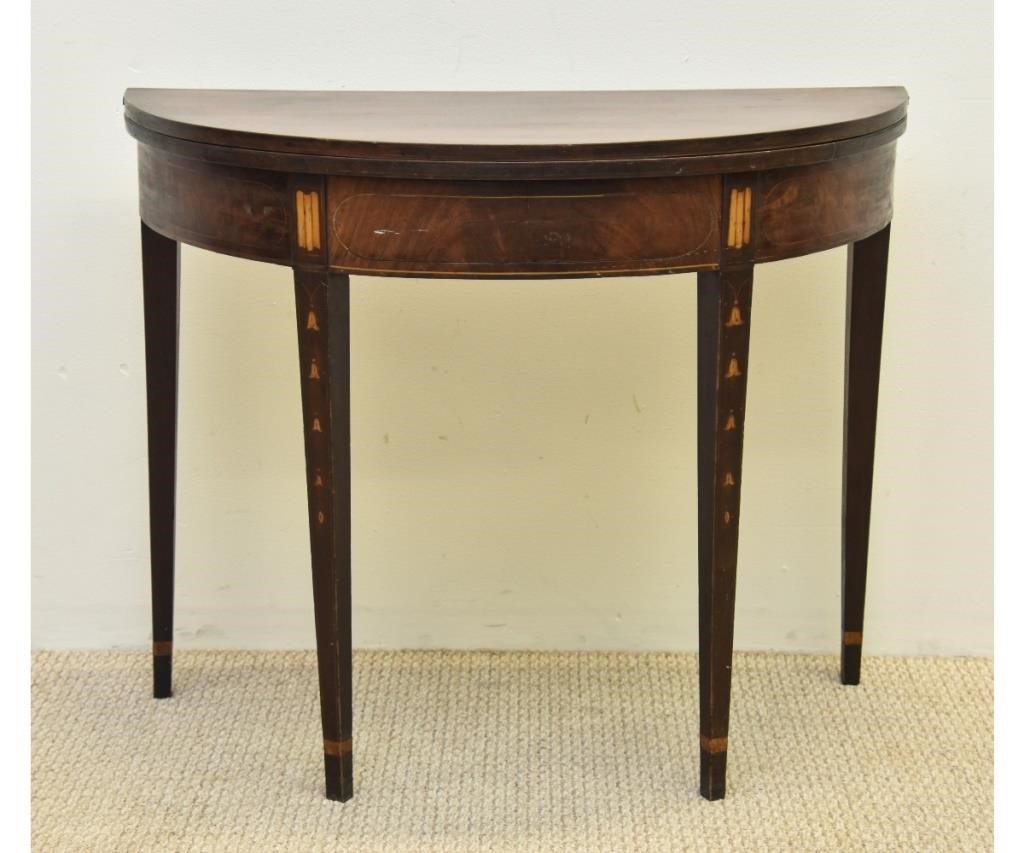 Appraisal: Baltimore Hepplewhite style mahogany demi-lune card table circa with inlaid