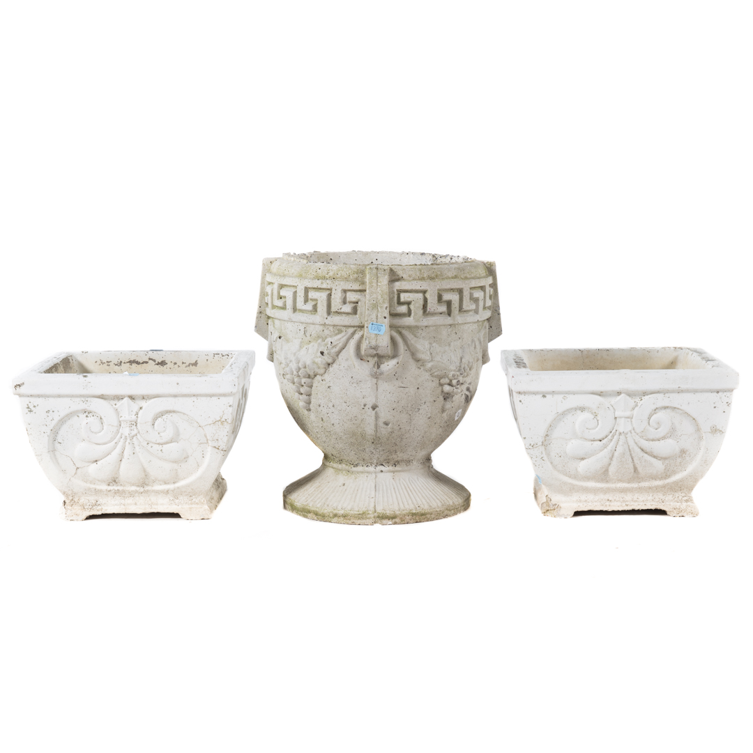 Appraisal: Three classical style molded concrete planters including Grecian style urn