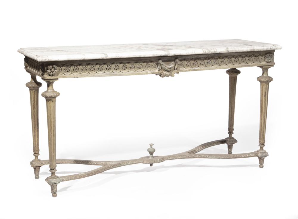 Appraisal: Antique Louis XVI-Style Gris Peinte Console molded marble top guilloche