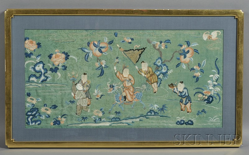 Appraisal: Embroidery China th century scene of children playing green ground