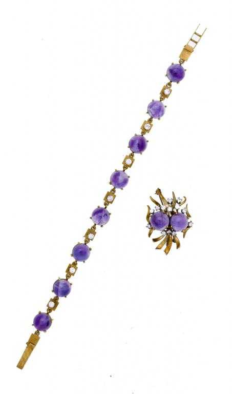 Appraisal: A DIAMOND AND AMETHYST BRACELET AND A SIMILAR BROOCH the