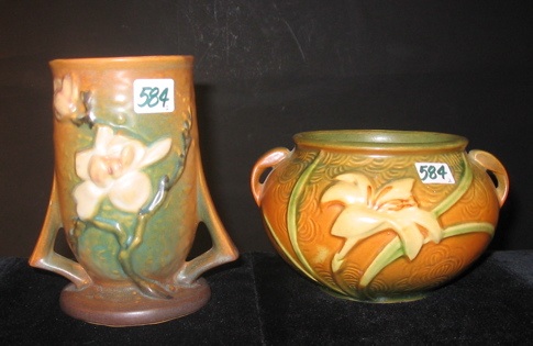 Appraisal: TWO AMERICAN ROSEVILLE ART POTTERY VASES One is a rose