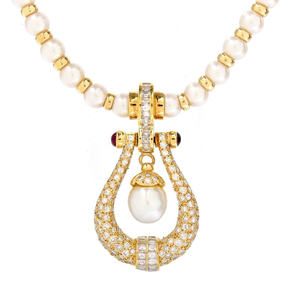 Appraisal: Bulgari style Diamond Pearl and K Necklace Vintage Bulgari style