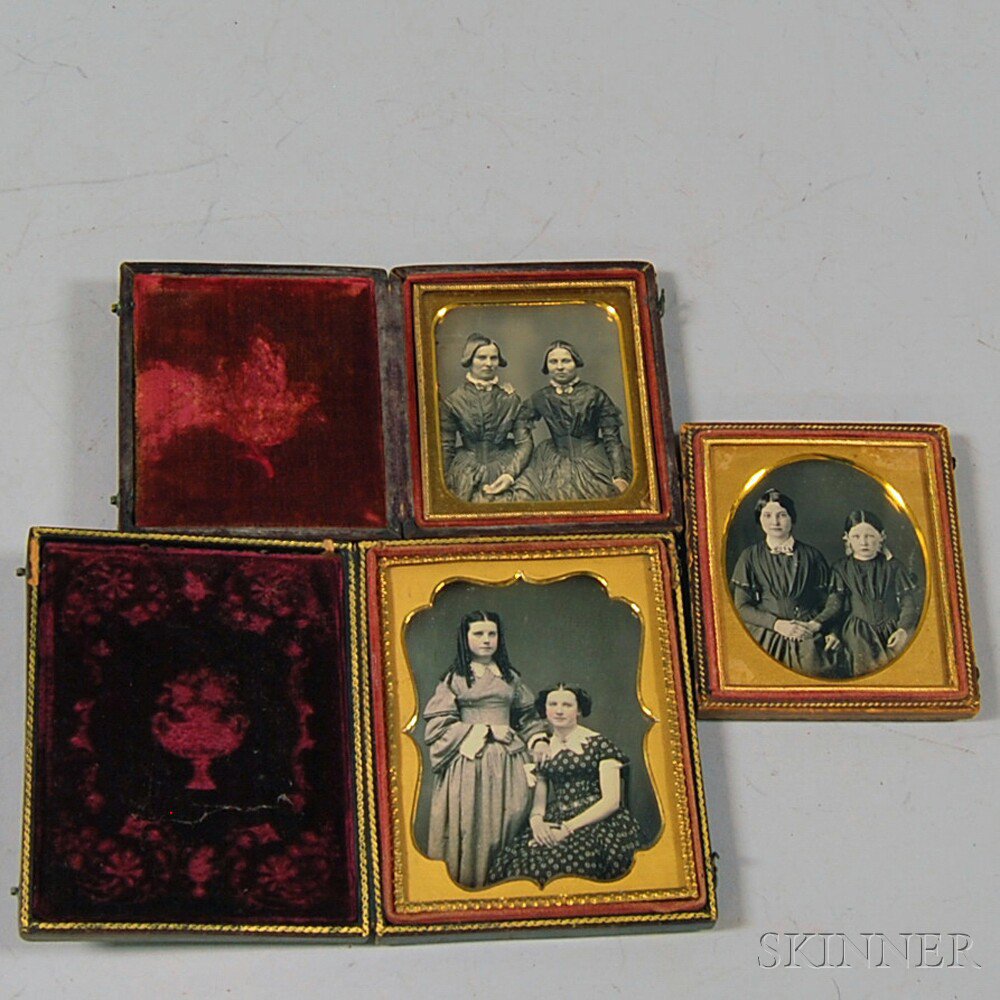 Appraisal: Three Daguerreotype Sister Portraits a quarter-plate portrait showing two girls