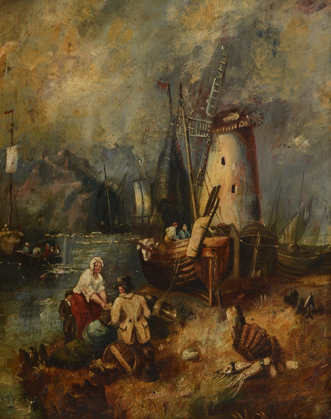 Appraisal: DUTCH GENRE WINDMILL PAINTING Scene Depicts Figures Along Canal with