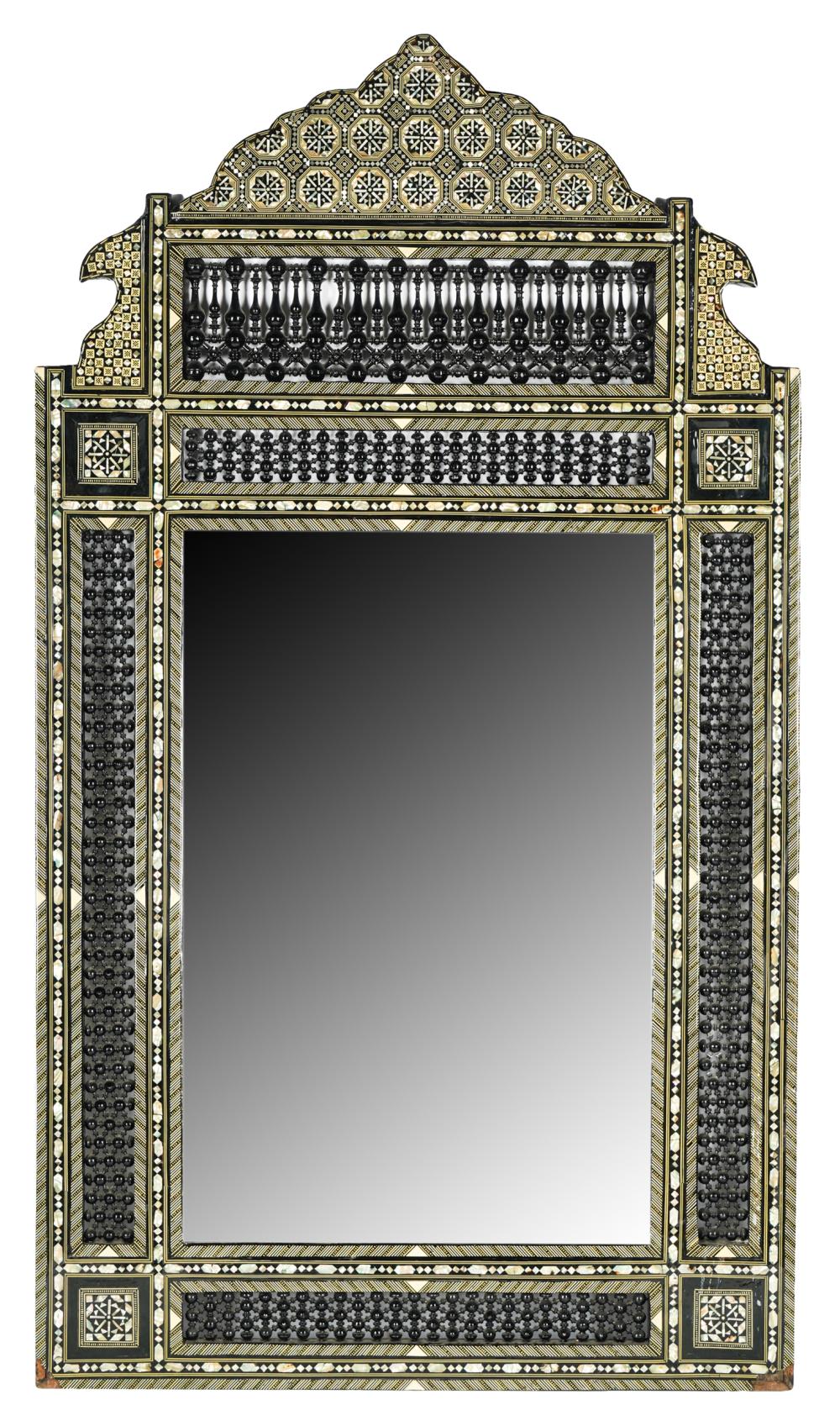 Appraisal: MOROCCAN-STYLE INLAID WALL MIRRORwith beveled mirror plate Condition chips to