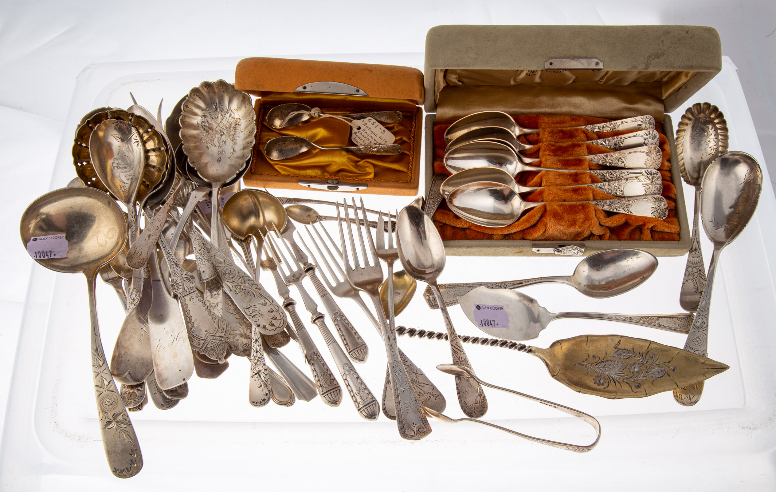 Appraisal: COLLECTION BRIGHT-CUT STERLING COIN FLATWARE Bright-cut including two sauce ladles