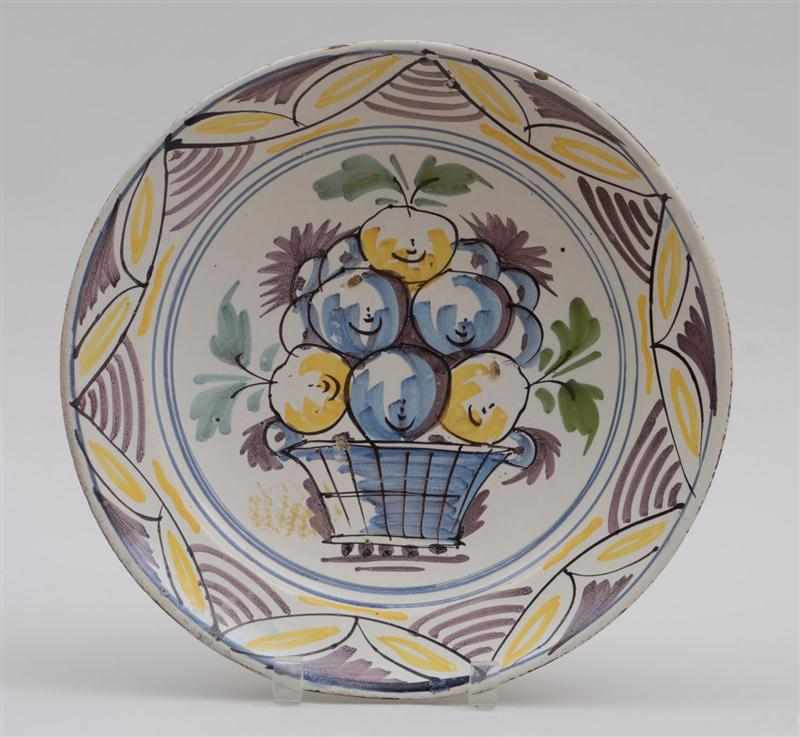 Appraisal: DUTCH TIN-GLAZED EARTHENWARE POLYCHROME DISH Circa - painted with a