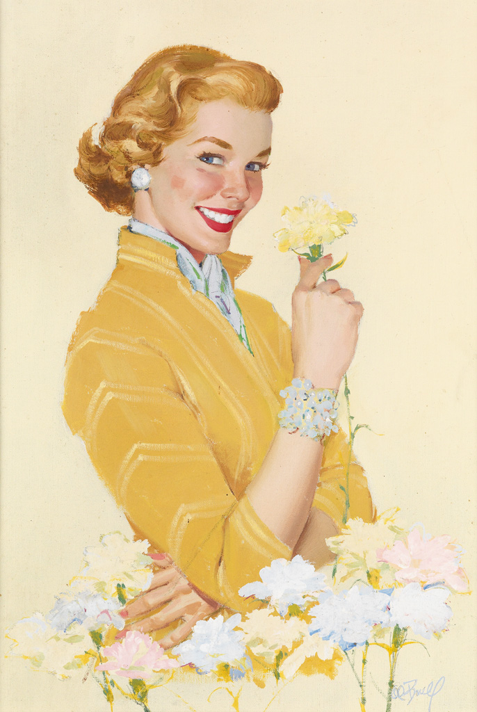 Appraisal: AL BUELL Smiling woman in yellow blouse holding carnation Oil