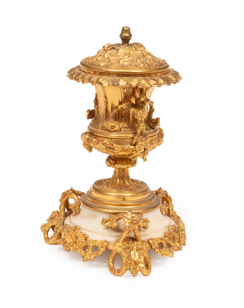 Appraisal: Empire-Style Gilt Bronze Marble Cassolette urn-form floral casting molded marble