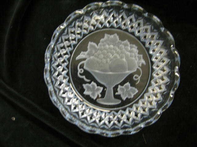 Appraisal: Intaglio Cut Blue Glass Dessert Plates basket of fruit decor