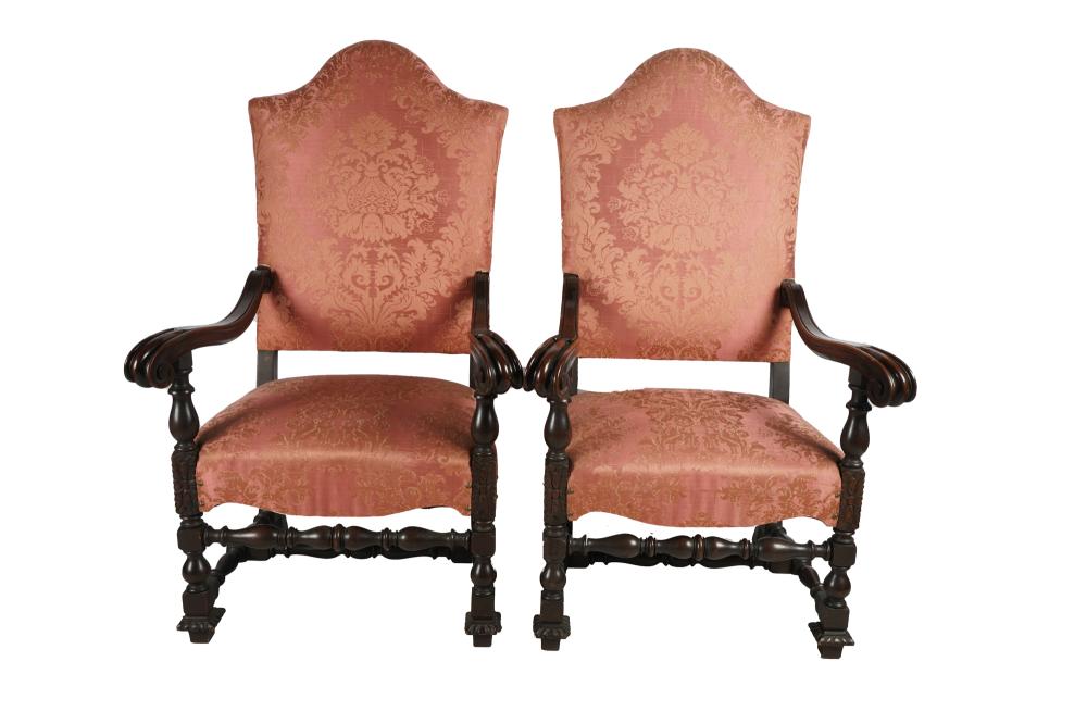 Appraisal: PAIR OF FLEMISH BAROQUE STYLE ARMCHAIRSwith red damask upholstery Condition