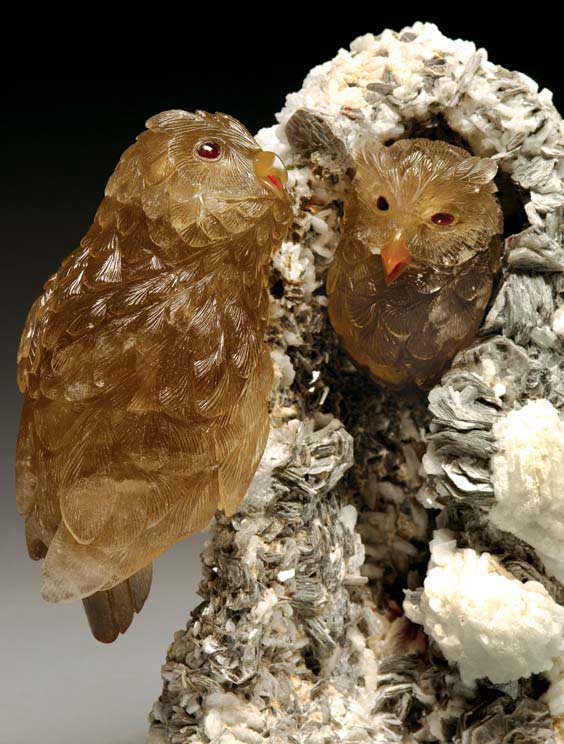 Appraisal: CITRINE SMOKY QUARTZ OWL COUPLE Artist Peter Muller Brazil This