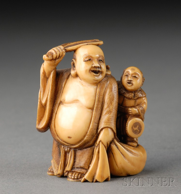 Appraisal: Ivory Netsuke Japan th century Hoitei with a small child