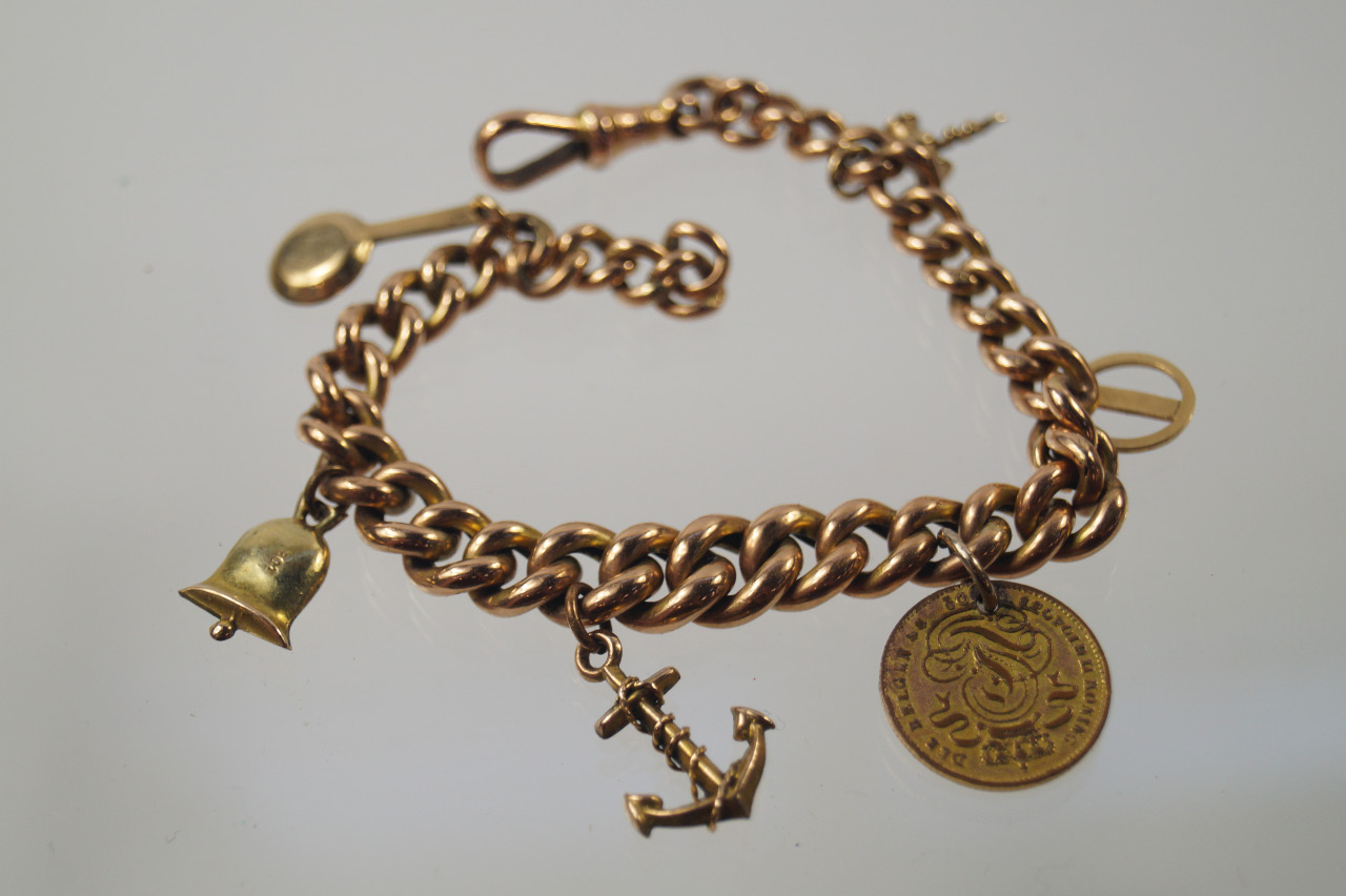 Appraisal: A ct gold hollow chain bracelet with six various charms