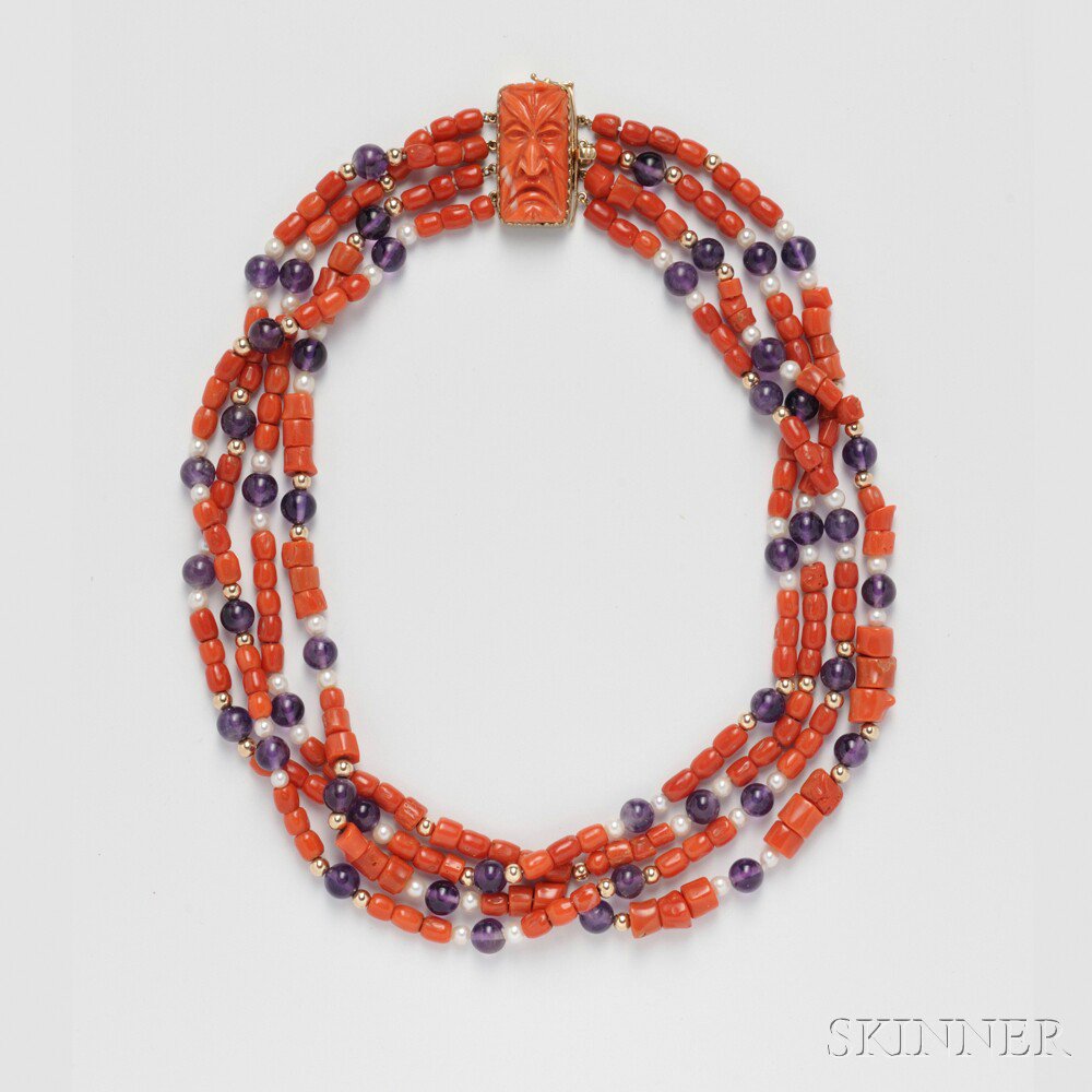 Appraisal: Coral Amethyst and Cultured Pearl Necklace the triple-strand necklace of