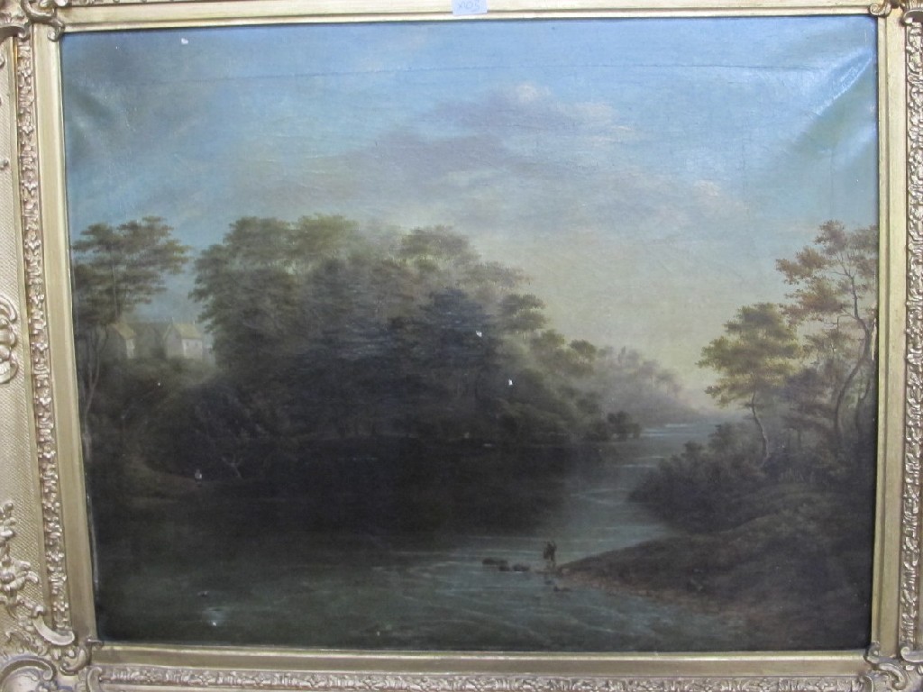 Appraisal: th Century oil on canvas river landscape with an angler