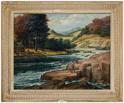 Appraisal: American School painting two figures by a river watching a