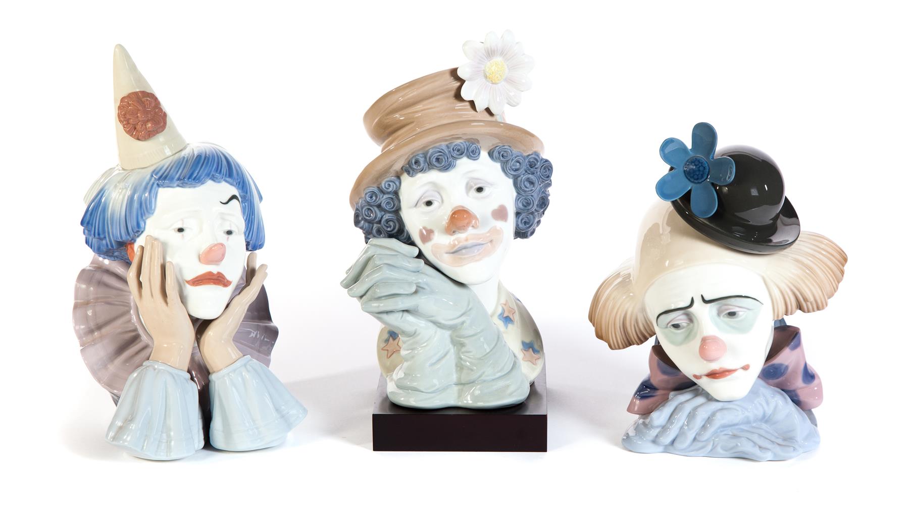 Appraisal: THREE LLADRO CLOWN BUSTS WITH VARIOUS EXPRESSIONS Spain th century