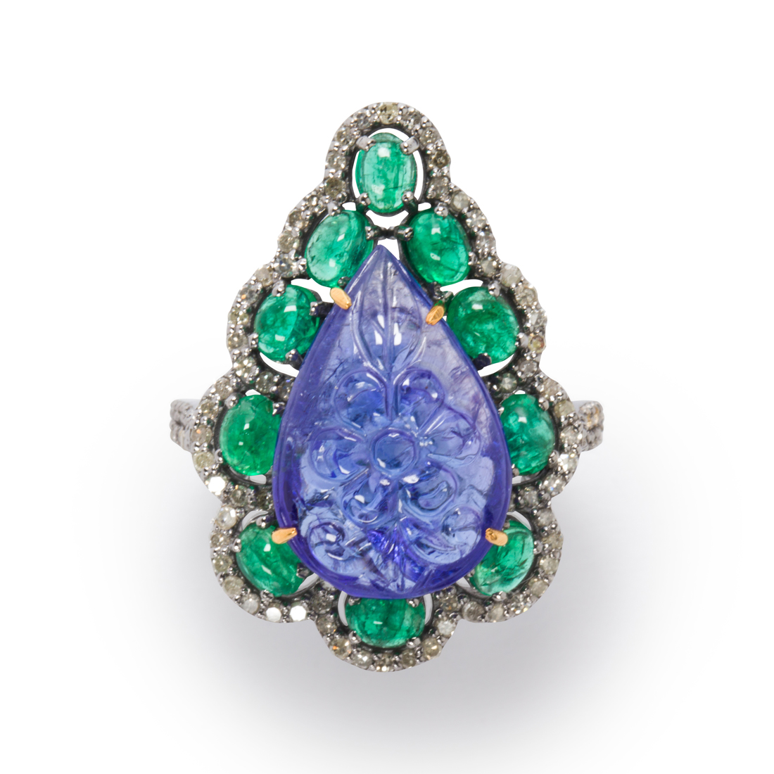 Appraisal: A TANZANITE EMERALD AND DIAMOND RING A tanzanite emerald and