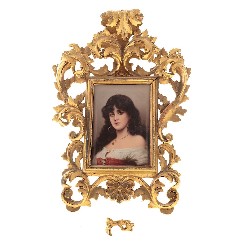 Appraisal: Continental Porcelain Portrait Plaque Gilt Frame Early th century painted