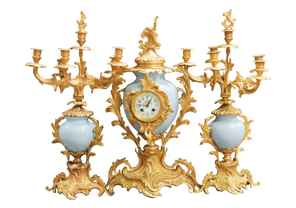 Appraisal: LOUIS XV STYLE GILT BRONZE SEVRES STYLE PORCELAIN THREE-PIECE CLOCK