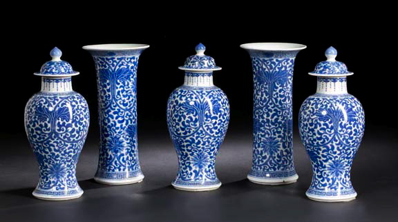 Appraisal: Five-Piece Chinese Blue-and-White Porcelain Garniture Set composed of two beaker-form