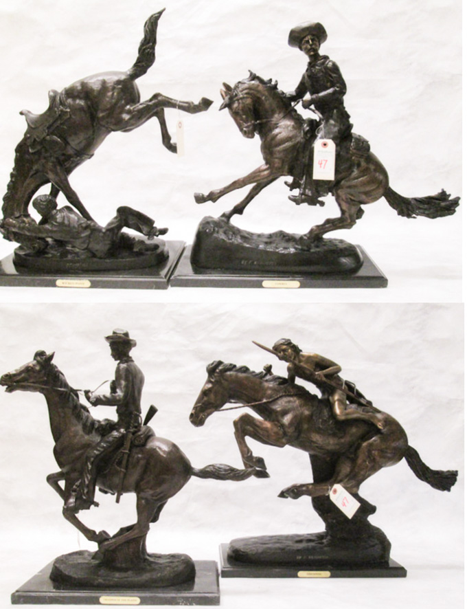 Appraisal: FOUR WESTERN BRONZE SCULPTURES after the works of Frederic Sackrider