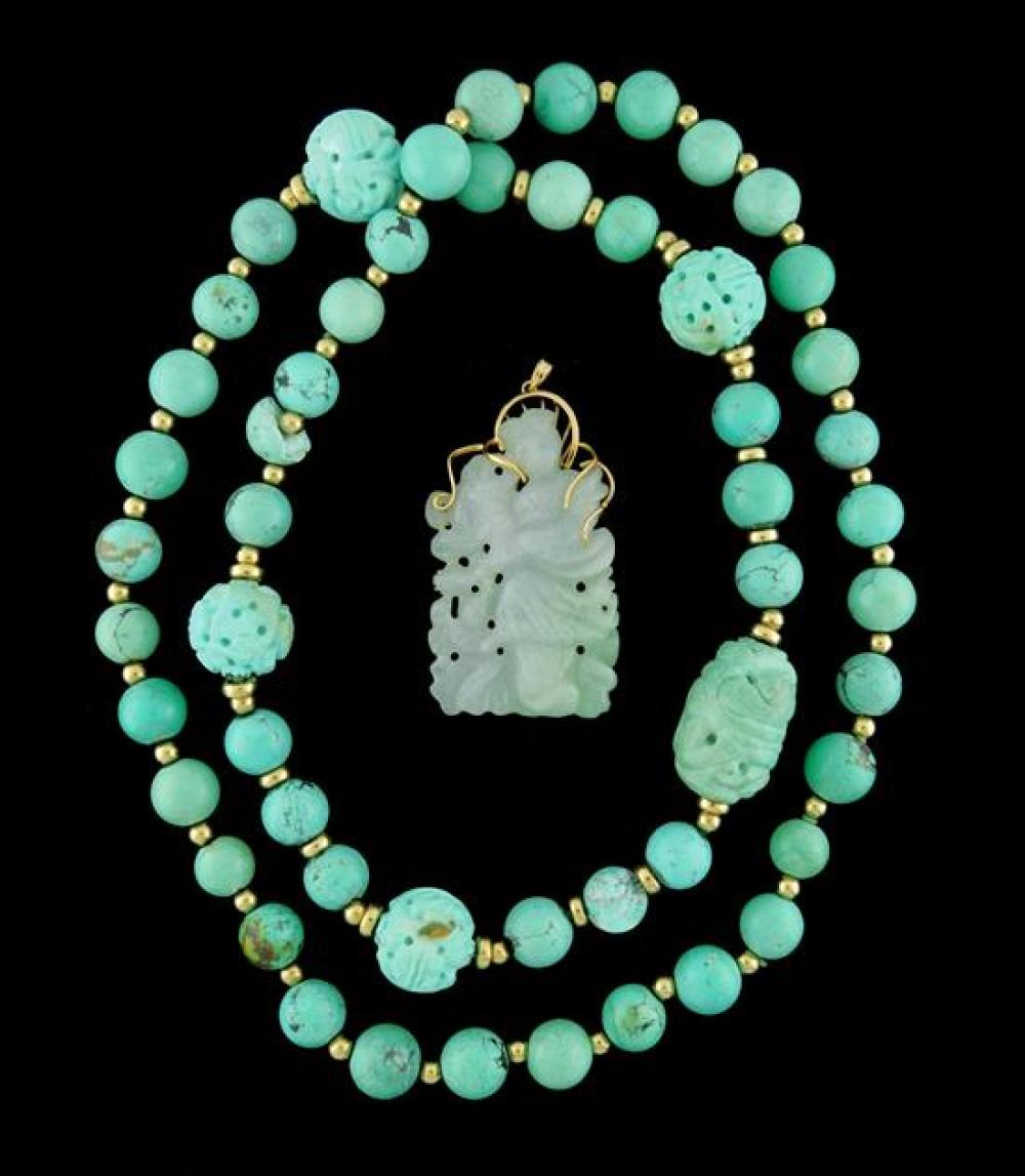 Appraisal: JEWELRY Chinese Turquoise Necklace and Carved Jadeite Pendant necklace is