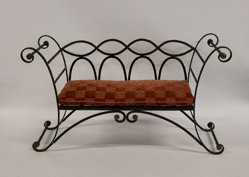 Appraisal: Antique Hand Wrought Iron Bench With Gilt Metal Rosettes Nice