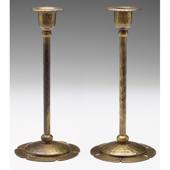 Appraisal: Roycroft candlesticks pair hammered copper original patina impressed mark ''w