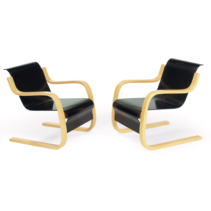 Appraisal: Alvar Aalto chairs pair black seats bentwood birch frames original