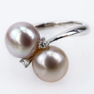 Appraisal: Karat White Gold Pearl and Diamond Cross Over Ring Pearls