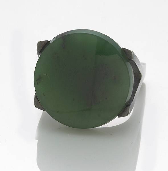 Appraisal: A nephrite and sterling silver ring Georg Jensen size