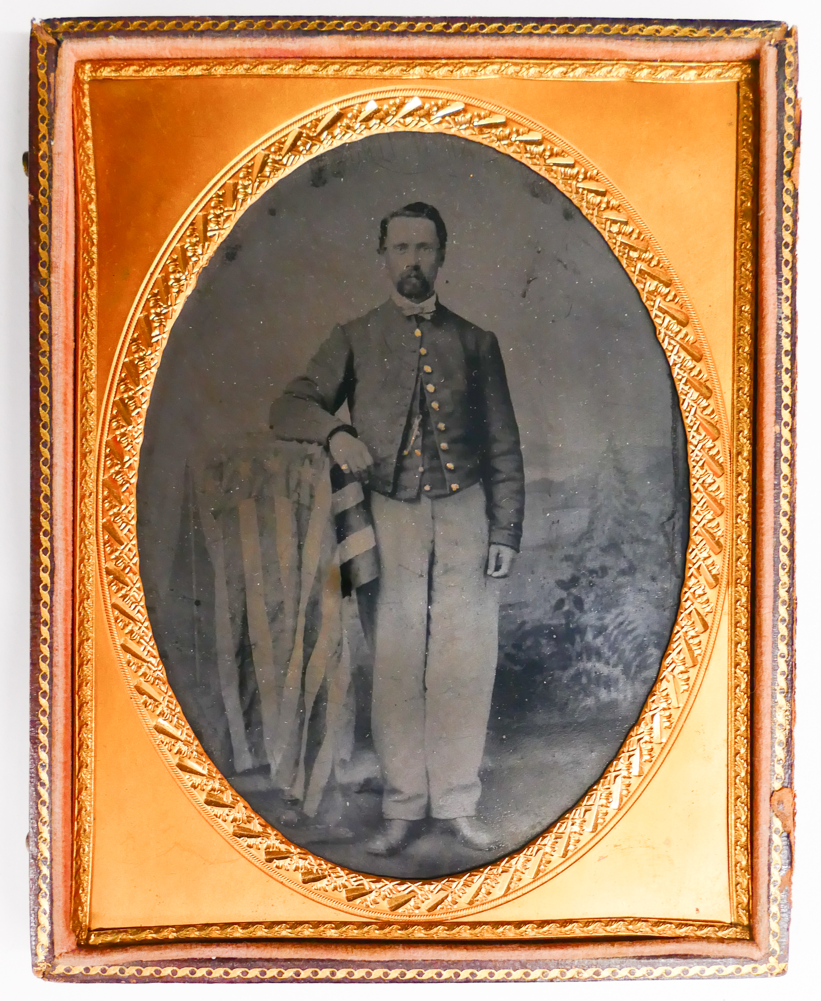 Appraisal: Half Plate Tintype with Man US Flag Draped Pedestal Photograph