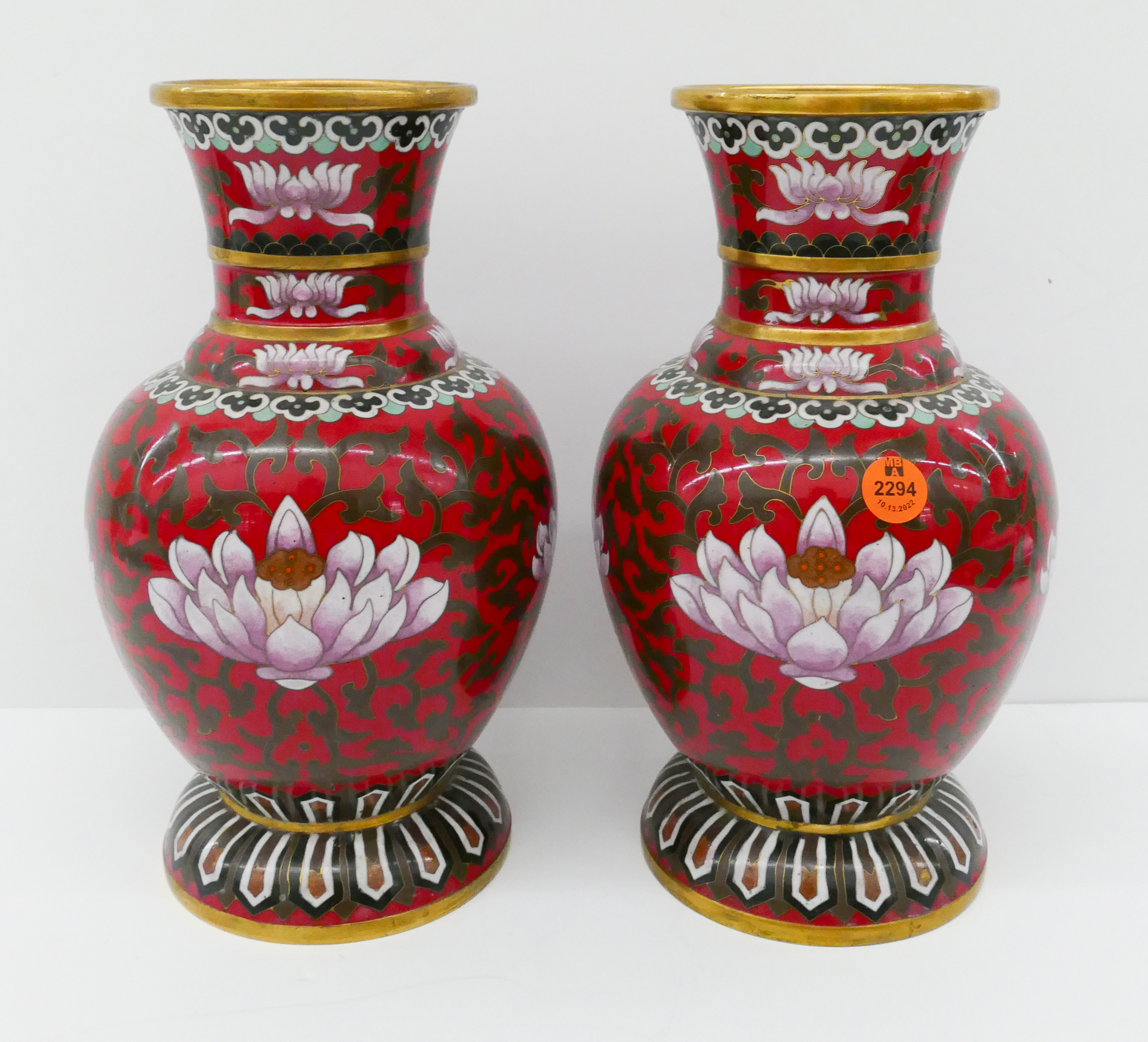 Appraisal: Pair Chinese Red Closionne Lotus Vases- ''