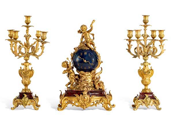 Appraisal: Louis XV style bronze and marble clock garniture A Louis