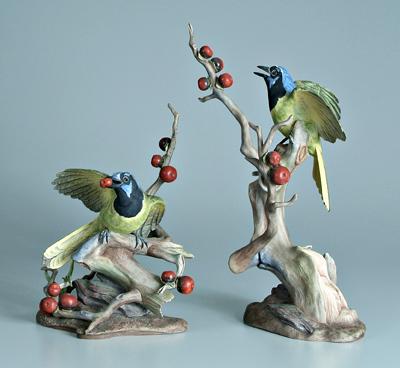 Appraisal: Two Boehm porcelain bird figurines green jays with crabapples marked