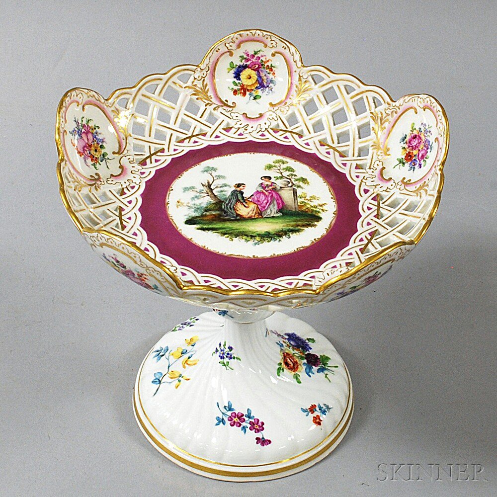 Appraisal: Meissen Porcelain Reticulated Compote the bowl with hand-painted flowers in