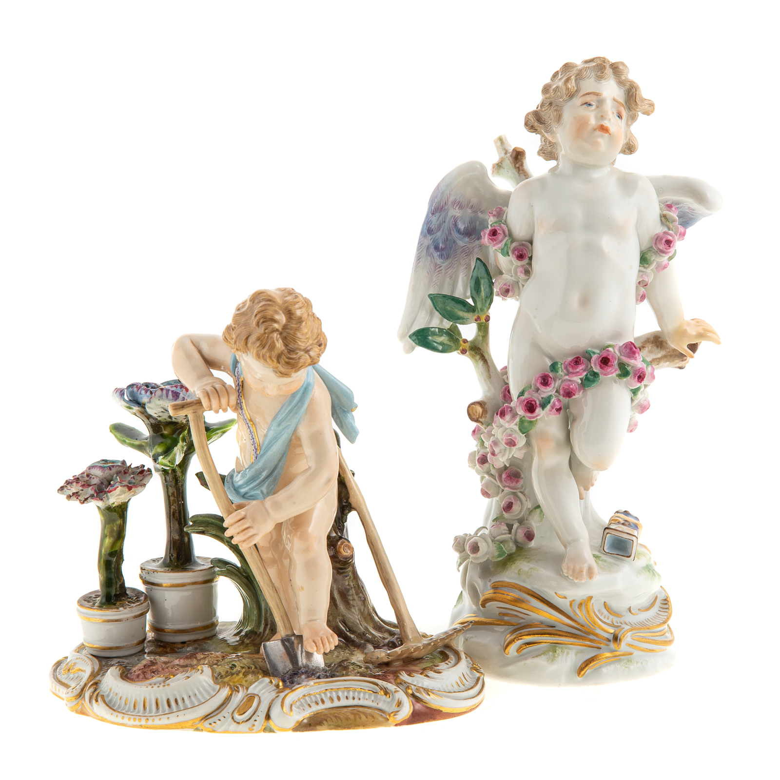 Appraisal: TWO MEISSEN PORCELAIN FIGURES Cupid tied to tree in H