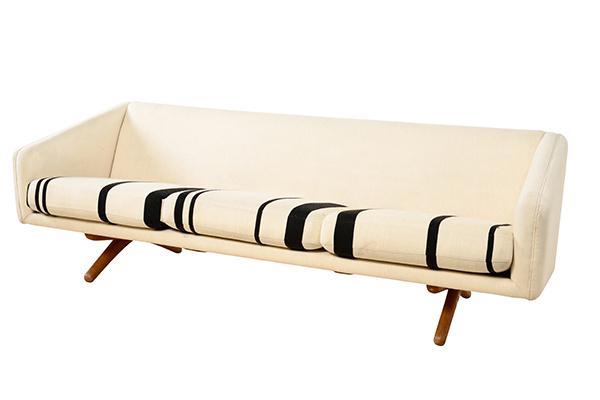 Appraisal: THREE SEAT DANISH SOFA c s black and white stripe