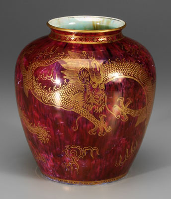 Appraisal: Wedgwood lustre dragon jar mottled purple exterior two large dragons