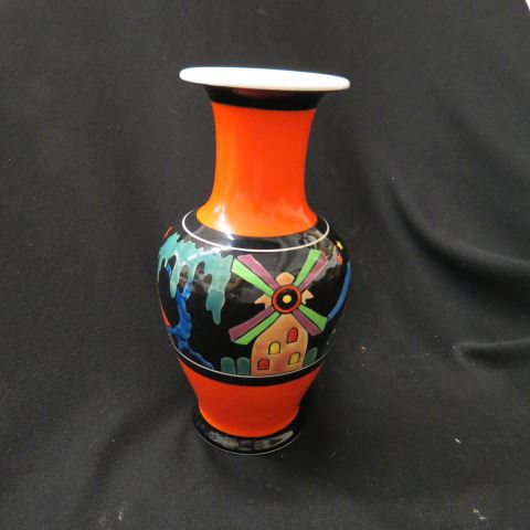 Appraisal: Art Deco Pottery Vase landscape with windmill vivid orange black