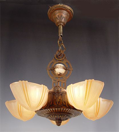 Appraisal: ART DECO SLIP SHADE CHANDELIER lights frosted glass shade original