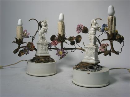 Appraisal: Two piece putti and floral decorated table lights with white