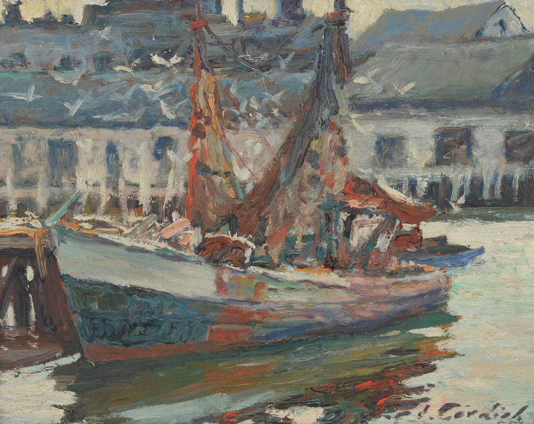 Appraisal: CORDICH John American - Rockport Dockside Scene Oil Masonite ''