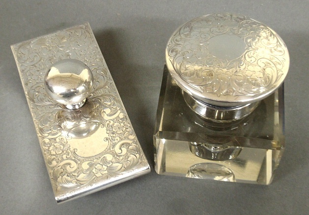 Appraisal: - Crystal glass inkwell with a floral chased sterling silver