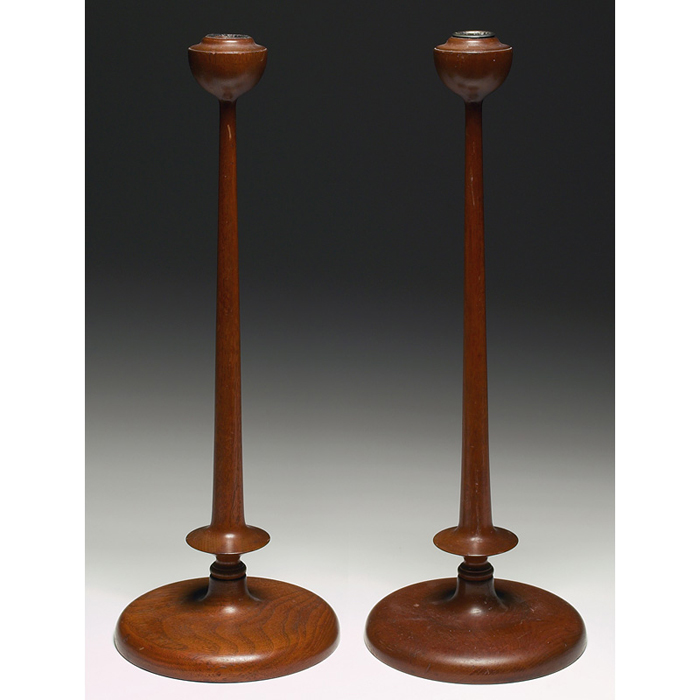 Appraisal: Art Crafts candlesticks pair large wooden forms original finish w